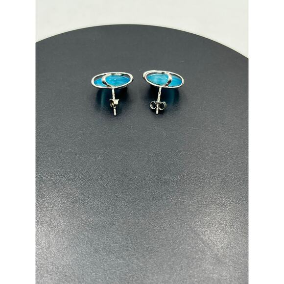 DOBBS 925 PE Sterling Silver Blue Stone Cabochon Pierced Earrings Vintage 5/8" - Picture 14 of 16